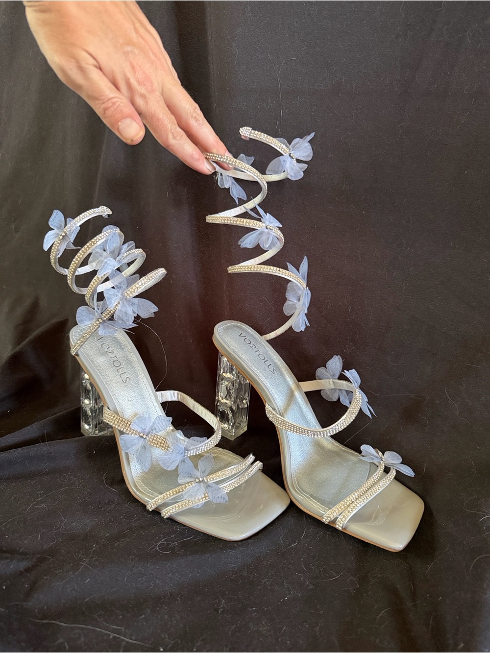 Silver Floral Spiral-Heel Sandals